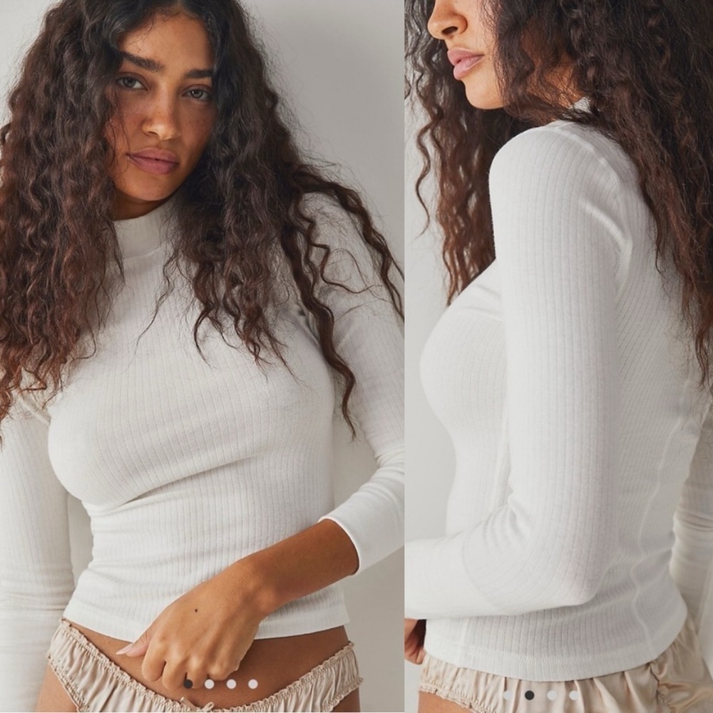 FREE PEOPLE Intimately Rickie Ribbed White Mockneck Longsleeve Shirt Top